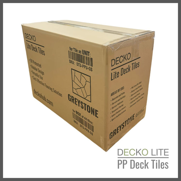 1 Box of 44 DECKO Lite PP Deck Tiles - GREYSTONE - Premium, 100% Recycled Polypropylene (total of 4.05 m2) - deliveries start from end of April