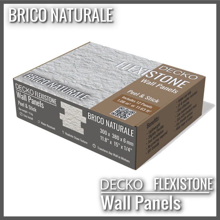 DECKO Flexistone Wall Panels - <b>BRICO NATURALE</b> - Box of 12 Interlocking Peel-and-Stick Panels