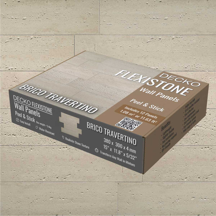 DECKO Flexistone Wall Panels - <b>BRICO TRAVERTINO</b> - Box of 12 Interlocking Peel-and-Stick Panels