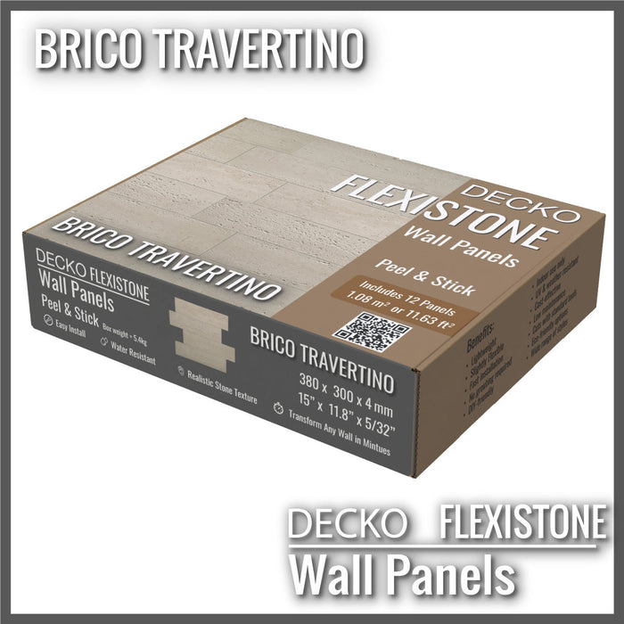 DECKO Flexistone Wall Panels - <b>BRICO TRAVERTINO</b> - Box of 12 Interlocking Peel-and-Stick Panels
