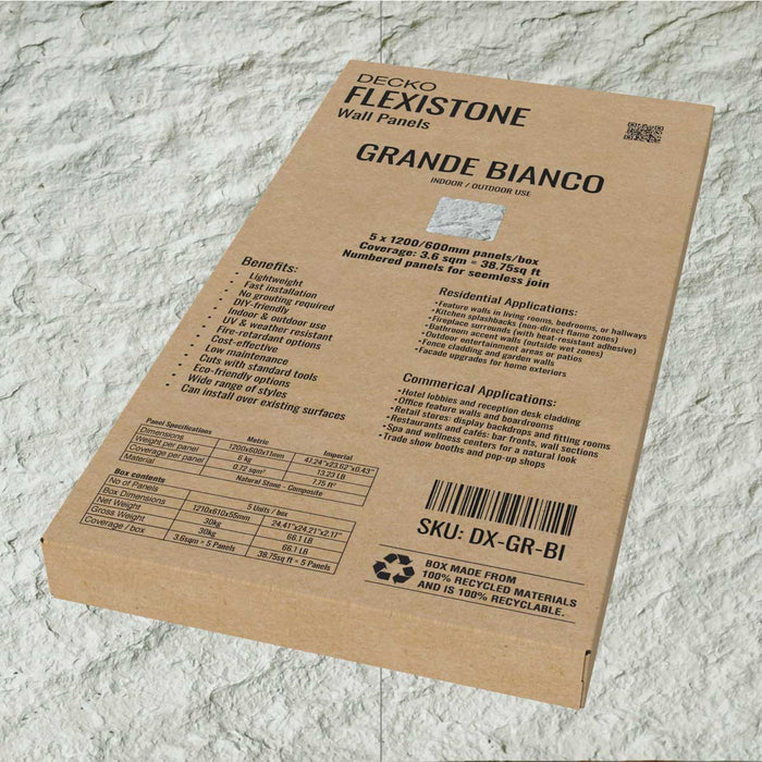 DECKO Flexistone Wall Panels - <b>GRANDE BIANCO</b> - Box of 5 panels 1200x600mm