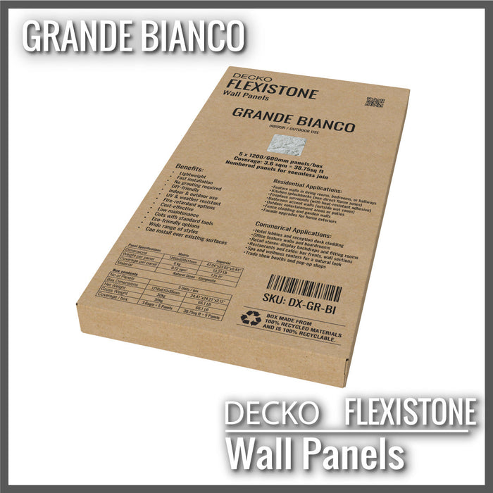 DECKO Flexistone Wall Panels - <b>GRANDE BIANCO</b> - Box of 5 panels 1200x600mm